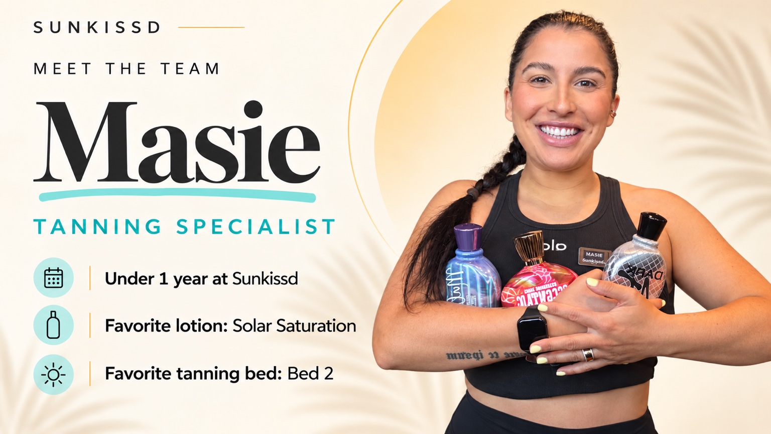 Sunkissd profile graphic featuring Masie, Tanning Specialist